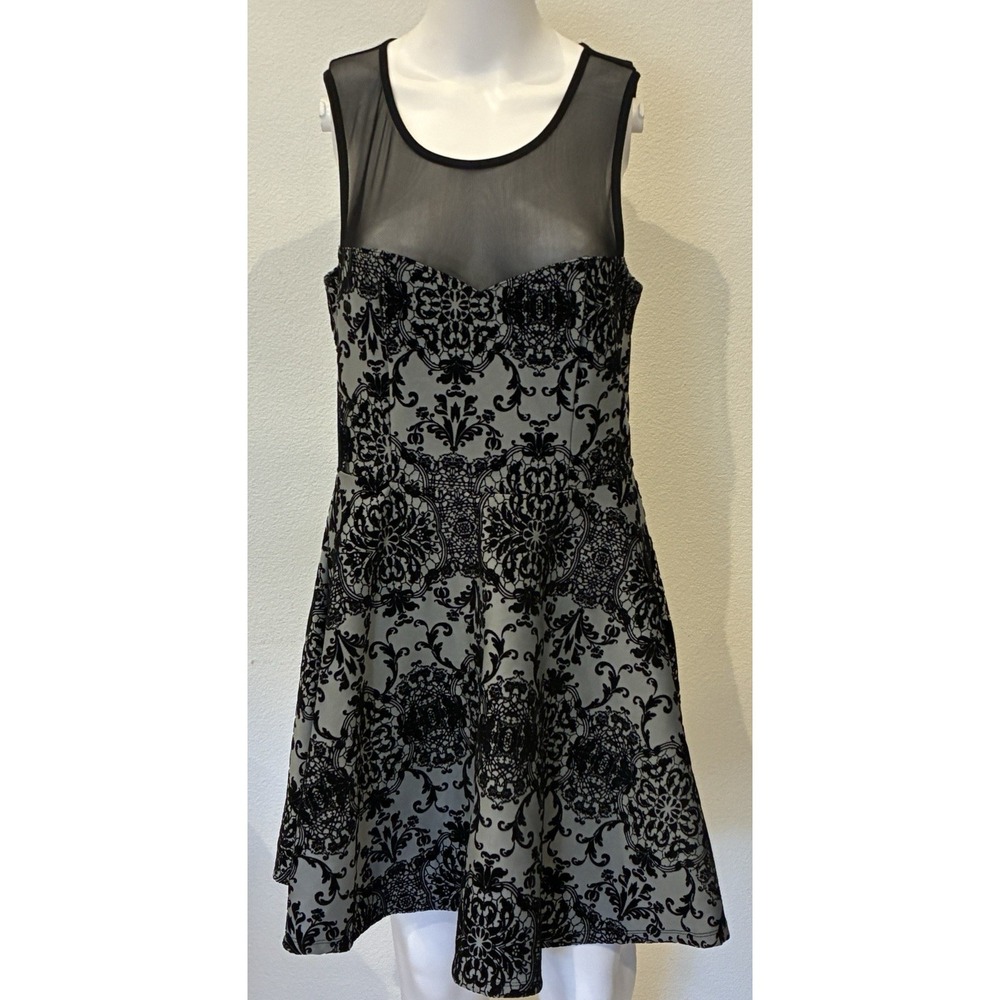 Trixxi Sleeveless Fit & Flare Velvet‎ Burnout Dress Sz L Gray Witchy Goth Fairy - Picture 2 of 12